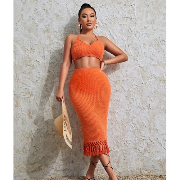 SHEIN Dresses & Skirts - SHEIN NEWNESS Solid Textured Crop Halter Top & Fringe Hem Skirt Set